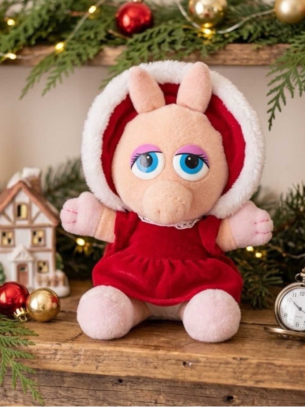 Vintage 1987 Jim Henson Muppet Babies Miss Piggy Holiday Plush 10”
